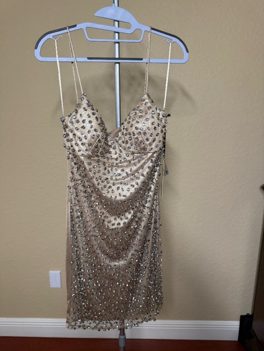 Kimikal Couture MH-2929 Metallic Gold Rhinestone Bodycon Mini Dress NWT M